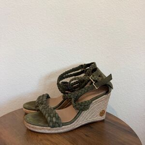Tory Burch Banana Leaf Green Bailey Wedge Espadrille Sandals Women's Size 10